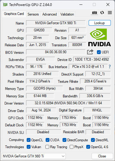 EVGA NVIDIA GeForce GTX 980Ti 6GB GPU 3xDP 1xHDMI 1xDVI
