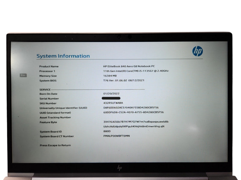HP EliteBook 840 Aero G8, i5-1135G7 2.40GHz 16GB DDR4, 256GB NVMe, No PWR  Lap200