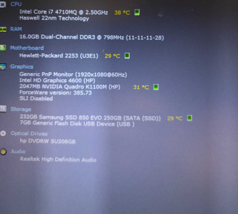 HP ZBook 15 G2 i7-4710MQ@2.5GHz QUADRO K1100M 2GB GPU 16GB RAM 250GB SSD  Lap200