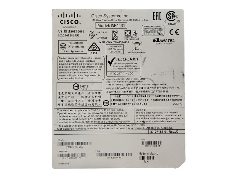 Cisco ISR4431/K9 v05 4400 Series Integrated Services Router, 1xPSU