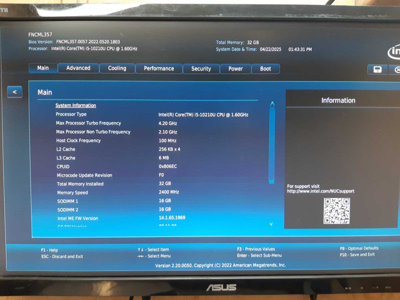 Intel NUC i5-10210U 1.60 Ghz 32GB DDR4 No HDD/SSD/M.2