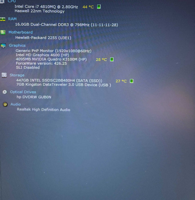HP ZBook 17 G2 i7-4810MQ@2.8Ghz QUADRO K3100M 4GB GPU 16GB RAM 480SSD READ!  Lap200