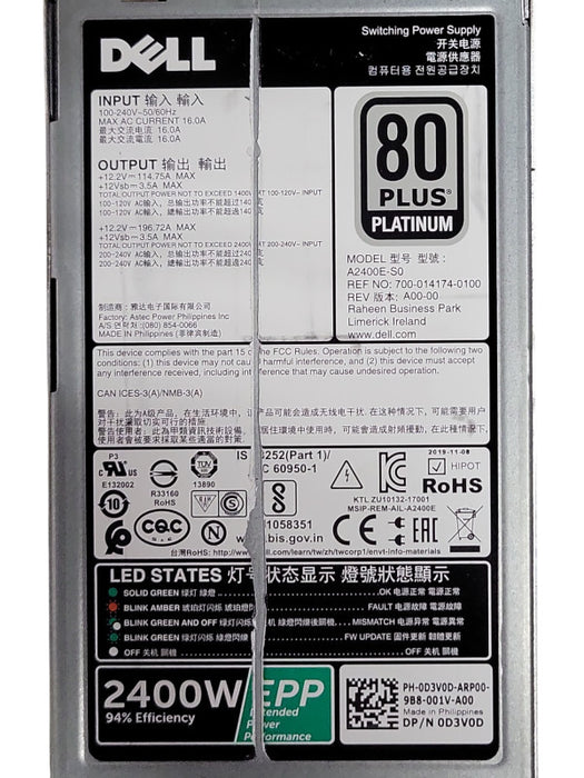 Genuine Dell 80 Plus Platinum 2400W 94%efficiency EPP A2400E-S0 Q_