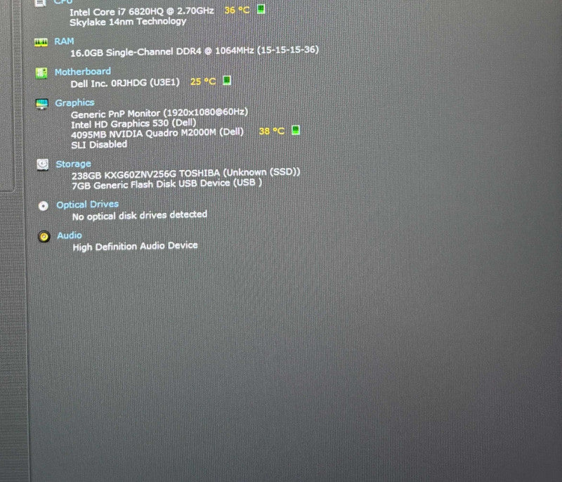 Dell Precision 7510 i7-6820HQ@2.7GHz QUADRO M2000M 4GB GPU 16GB RAM 256SSD  Lap200