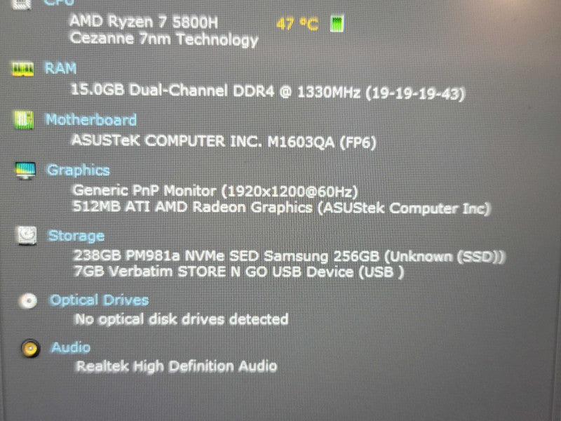 Asus VivoBook 16X m1603 Ryzen 7 5800H 16GB DDR4 256GB NVMe NO BATTERY β Lap200