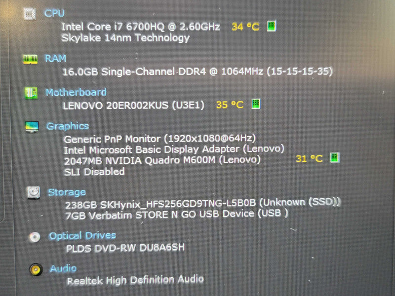 Lenovo ThinkPad P70 i7-6700HQ 16GB DDR4 Quadro M600 256GB SSD  β Lap200