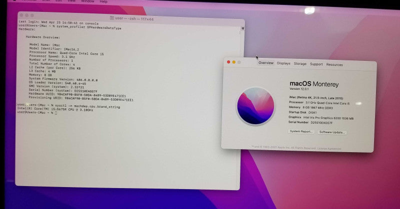 Apple iMac 21.5" Retina 4K, i5-5675R CPU 3.10GHz 8GB RAM - 1TB HDD A1418