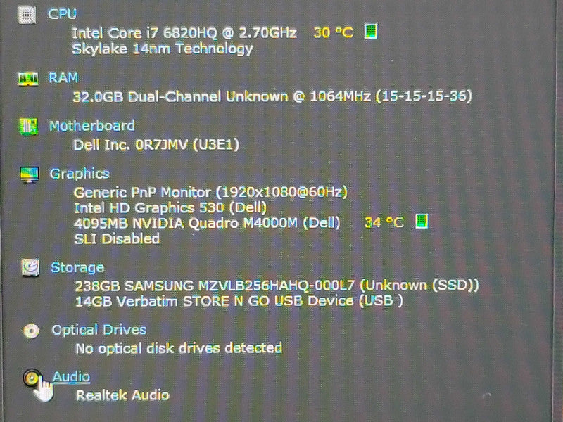 Dell Precision 7710 i7-6870HQ 32GB DDR4 Quadro M4000 256GB SSD  β