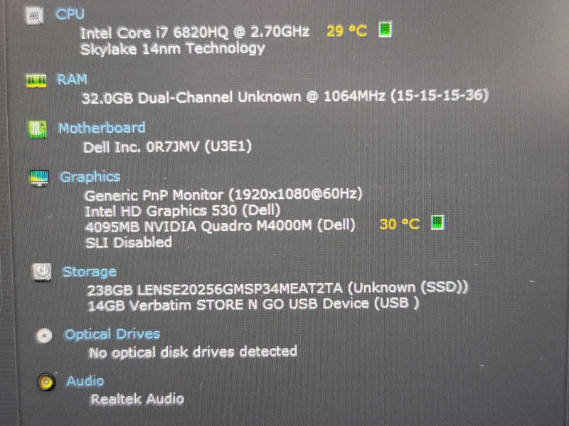 Dell Precision 7710 i7-6820HQ 32GB Quadro M4000 256GB SSD READ  β Lap200