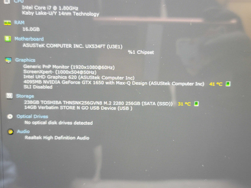 ASUS  ZenBook 15 UX534F i7-8565U 16GB RAM GTX 1650 256GB SSD  β Lap200