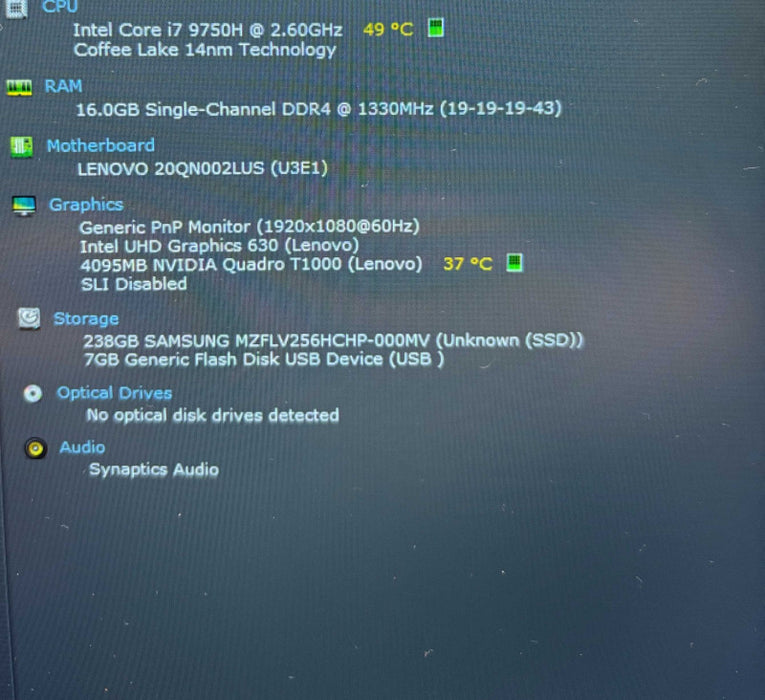 Lenovo ThinkPad P53 i7-9750H@2.6GHz QUADRO T1000 4GB GPU 16GB 256SSD READ    Lap200