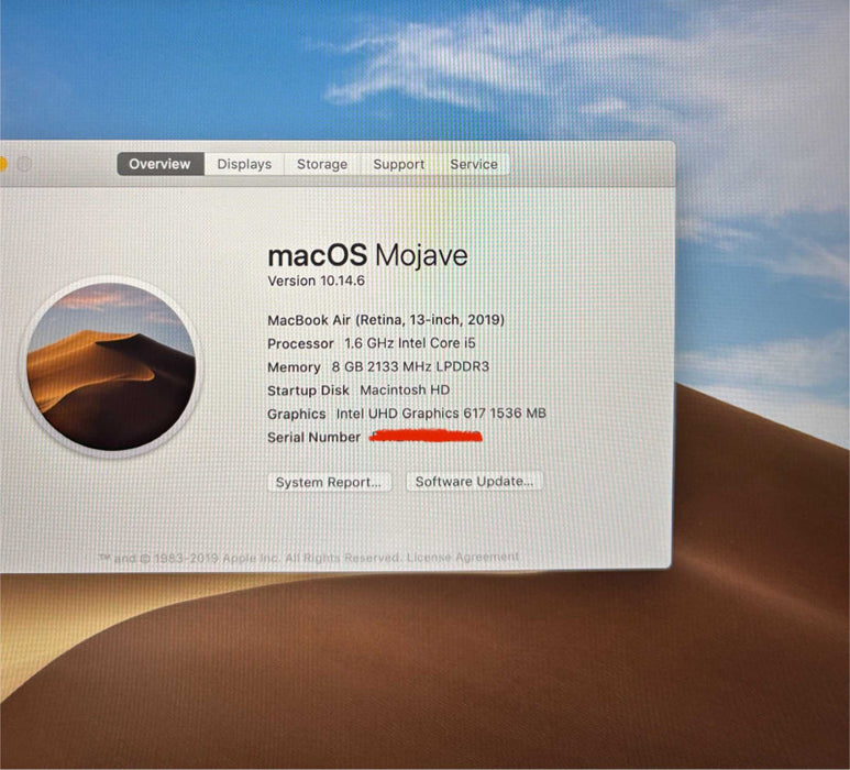 Apple MacBook Air Retina 13" 2019 i5-8210Y 8GB 128SSD No Power Adapter