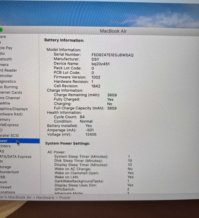 Apple MacBook Air Retina 13" 2019 i5-8210Y 8GB 128SSD No Power Adapter