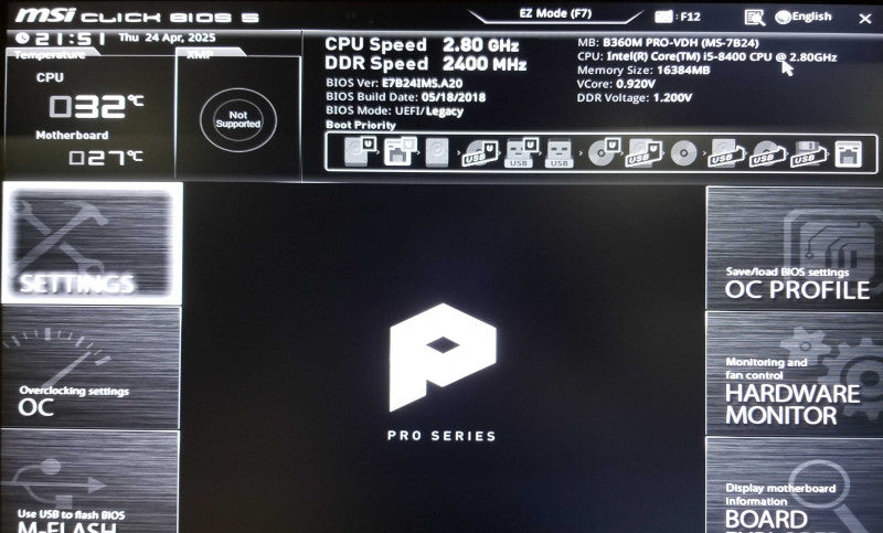 Custom Tower, MSi B360M PRO, Intel i5-8400 CPU 2.80GHz, 16GB RAM - NO HDD
