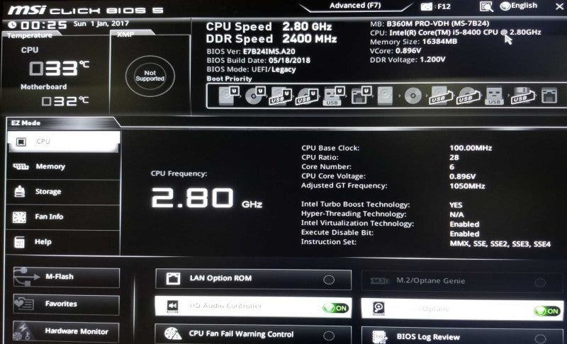 Custom PC, MSi B360M PRO-VDH, Intel i5-8400 CPU 2.80GHz, 16GB RAM - NO HDD