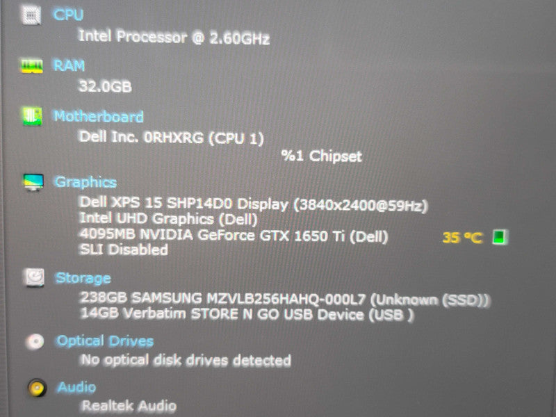 Dell XPS 15 9500 i7-10750H 32GB RAM GTX 1650 Ti 256GB SSD 4K TOUCH  β Lap200
