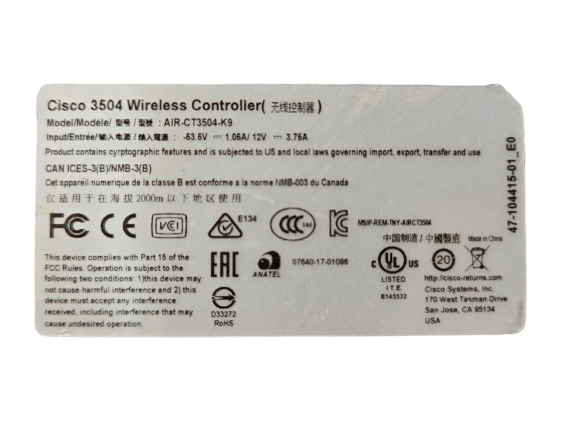 Cisco AIR-CT3504-K9 V01, 3504 IEEE 802.11ac Wireless LAN Controller
