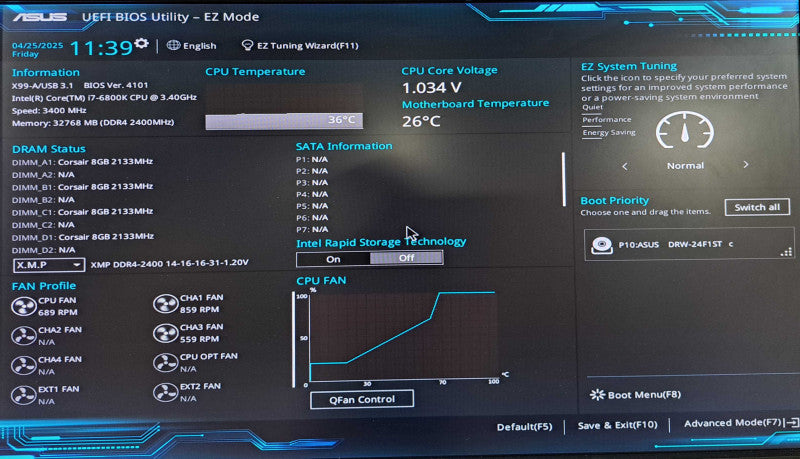 Custom PC| Asus X99-A/USB3.1, i7-6800K @3.40GHz, 32GB DDR4, K2200, 760W PSU
