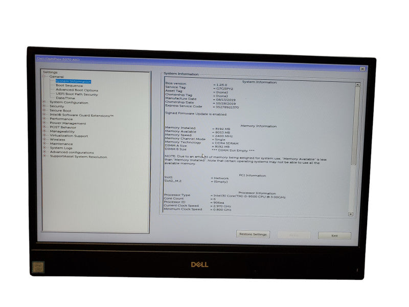Dell OptiPlex 5270 AIO i5-9500@23.00GHz 8GB RAM NO-HDD/SSD