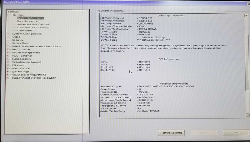 Dell OptiPlex 5070 SFF | i5- 9500 CPU @ 3.00GHz | 16GB DDR4 | NO HDD/SSD