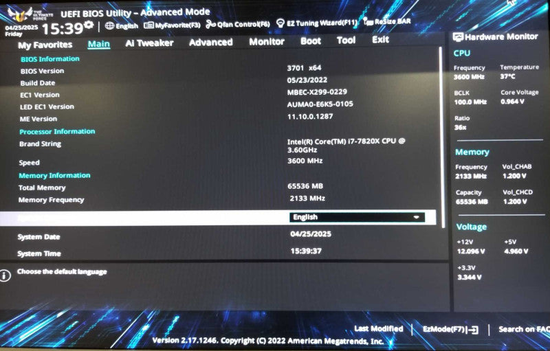 Custom Tower, Asus TUF X299, Intel i7-7820x CPU 3.60GHz, 64GB RAM - NO HDD