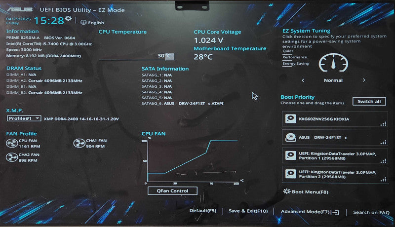 Custom PC, ASUS PRIME B250M-A, i5-7400 3.00GHz, 8GB DDR4, 256GB NVMe