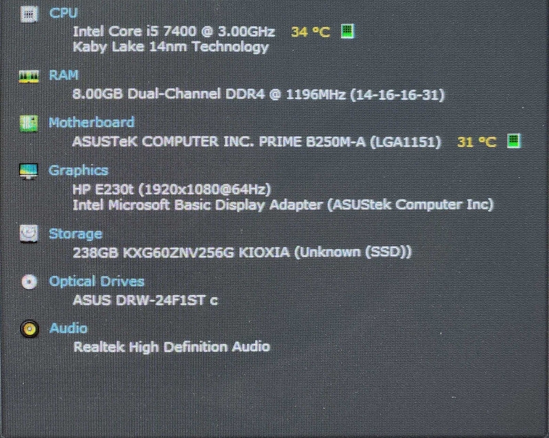 Custom PC, ASUS PRIME B250M-A, i5-7400 3.00GHz, 8GB DDR4, 256GB NVMe