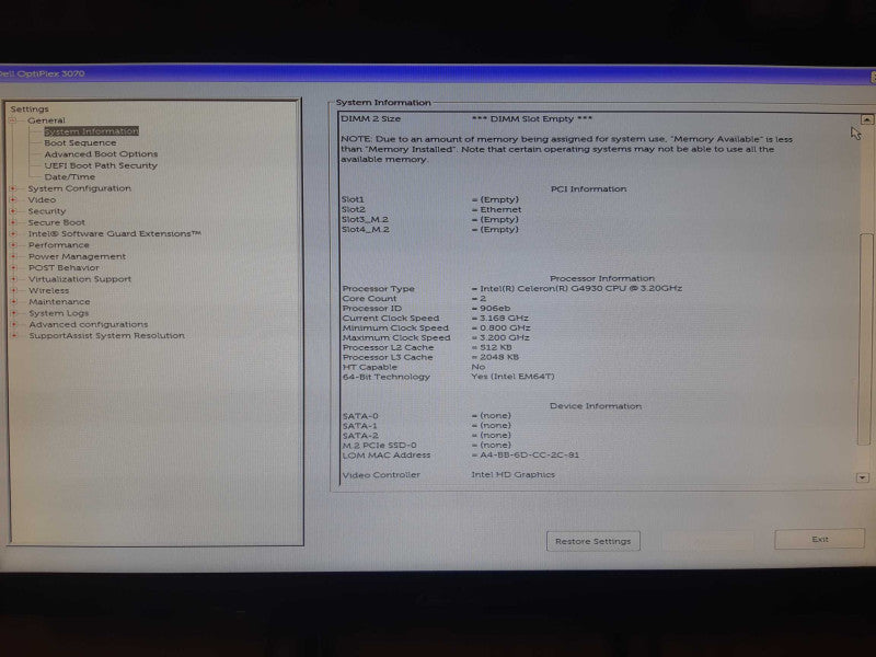 Dell OptiPlex 3070 SFF Intel Celeron G4930 3.20 GHz 8GB DDR4 No HDD