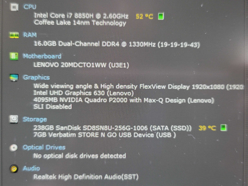 Lenovo ThinkPad P1 i7-8850H 16GB DDR4 Quadro P2000 256GB SSD READ  β Lap200