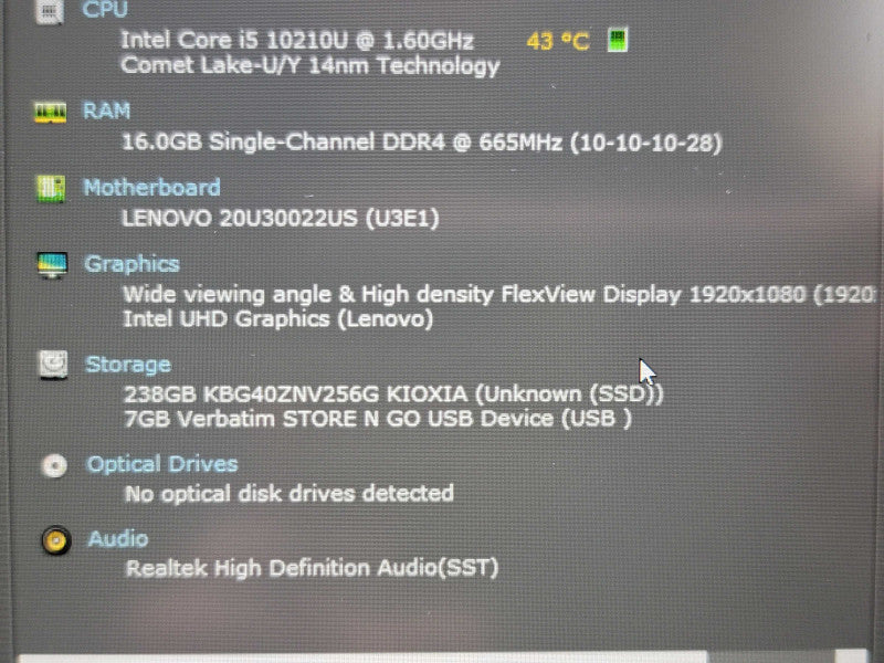 Lenovo ThinkPad L15 i5-10210U 16GB RAM 256GB SSD READ β Lap200