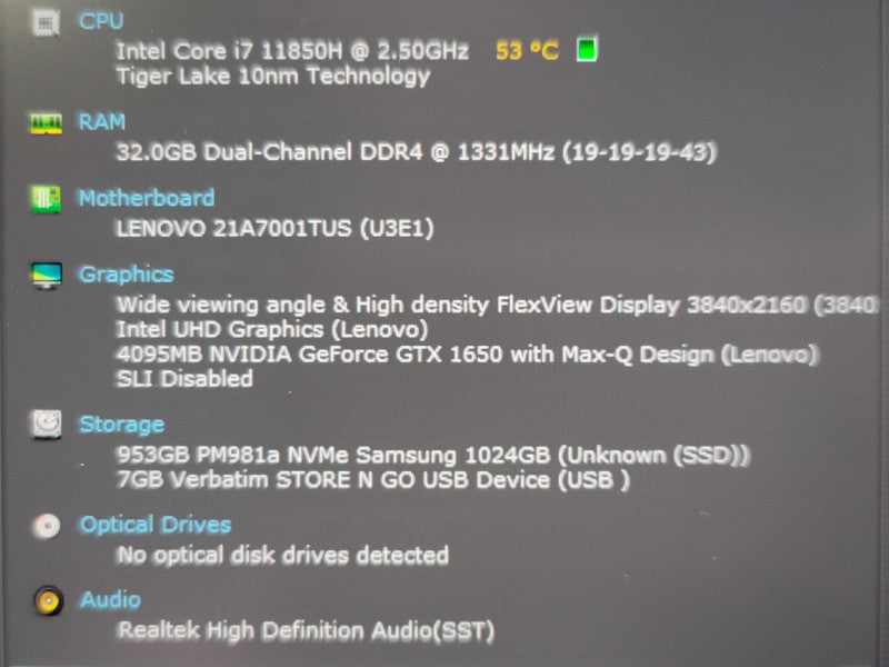 Lenovo ThinkPad T15p i7-11850H 32GB DDR4 GTX 1650 w Max Q 1TB NVMe β Lap200