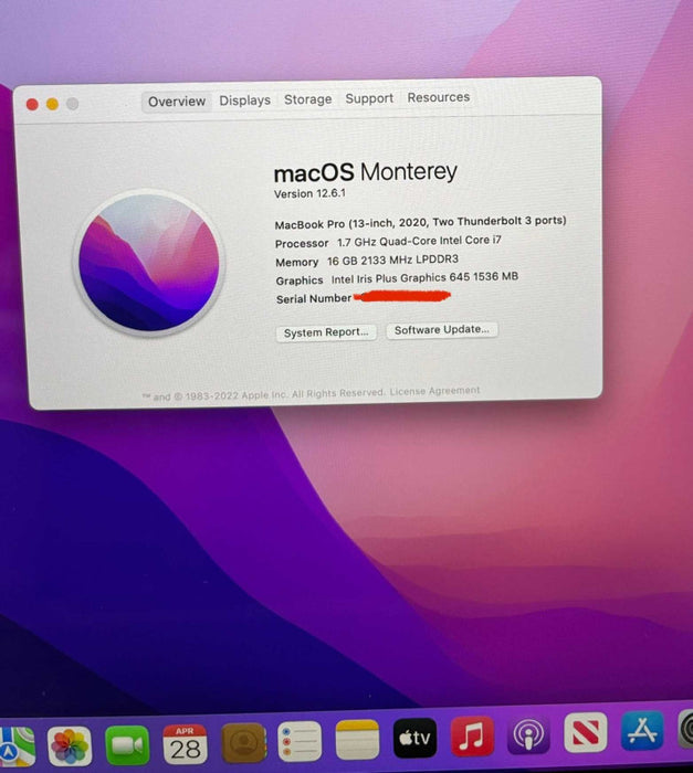 Apple MacBook Pro 13" 2020 i7-8557U 16GB RAM 256GB SSD No Power Adapter