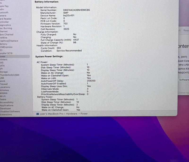 Apple MacBook Pro 15" 2017 i7 16GB 256SSD Battery Service Recommended READ