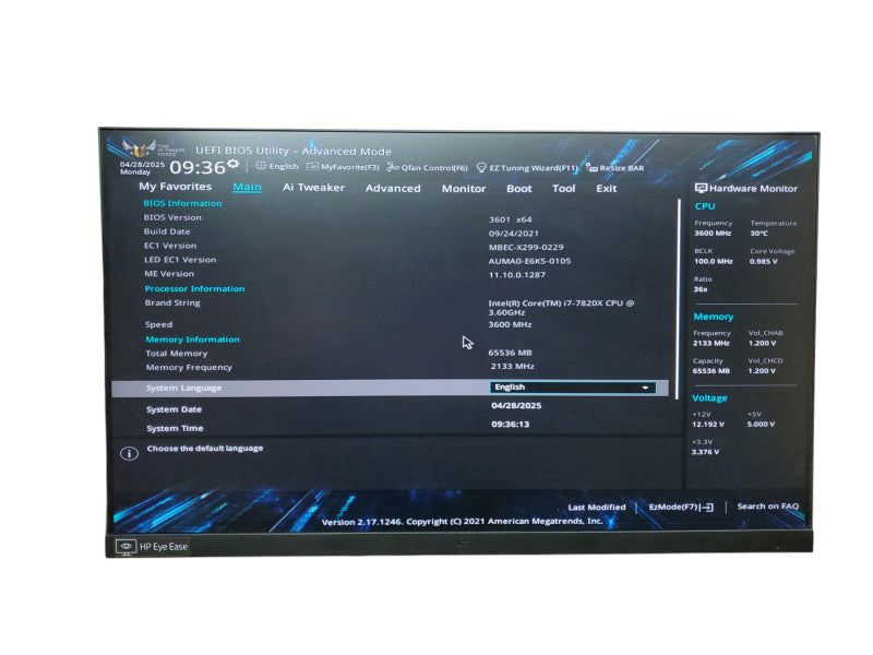 ASUS TUF X299 MARK2 Tower PC Intel i7-7820X 3.60Ghz 64GB RAM NO-HDD/SSD