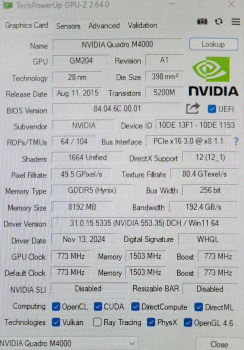 NVIDIA Quadro M4000, 8GB GDDR5 PCIe Graphics Card, 4x DisplayPort _