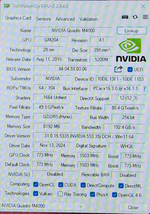 NVIDIA Quadro M4000, 8GB GDDR5 PCIe Graphics Card, 4x DisplayPort