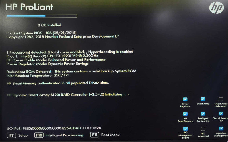 HP ProLiant MicroServer Gen8, Xeon E3-1220L V2 2.30GHz, 8GB RAM, B120i _