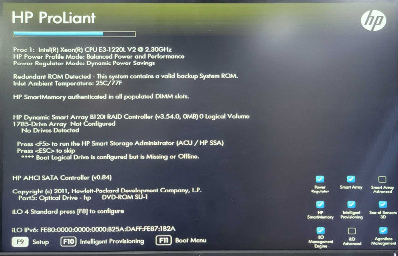 HP ProLiant MicroServer Gen8, Xeon E3-1220L V2 2.30GHz, 8GB RAM, B120i _
