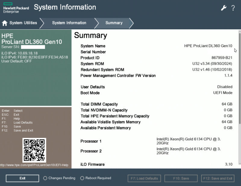 HP DL360 Gen10 1U 8x2.5", 2x Xeon Gold 6134  3.20GHz, 64GB DDR4, P408i-a