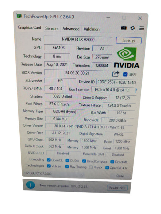 HP NVIDIA RTX A2000 6GB PCIE HP P/N: M48380-002 %