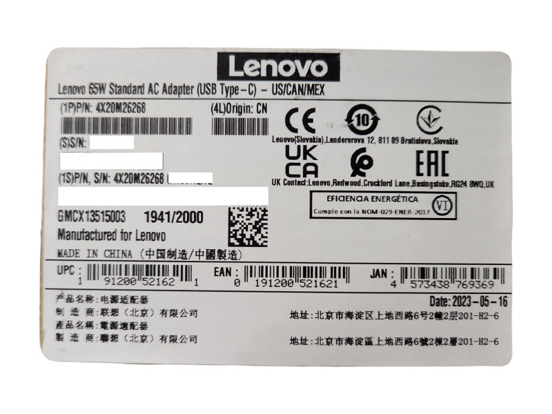 *New SEALED* Lenovo Standard AC Adapter USB Type C 65W 4X20M26282