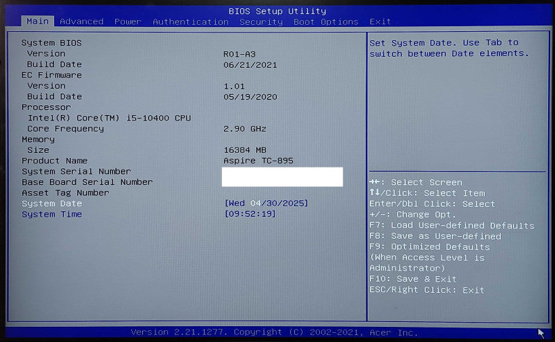 Acer Aspire TC-895-EB11, i5-10400 2.90GHz, 16GB DDR4, 256GB NVMe