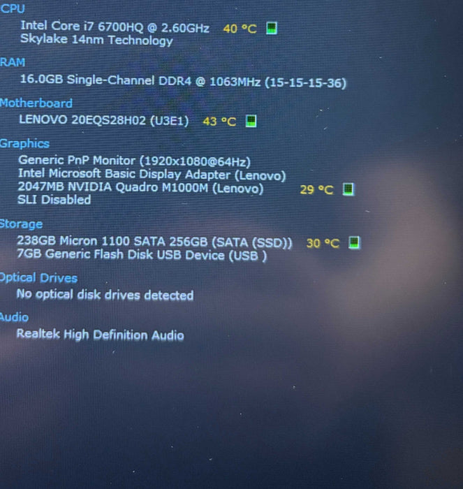 Lenovo ThinkPad P50 i7-6700HQ@2.6GHz QUADRO M1000M 2GB GPU 16GB RAM 256SSD  Lap200