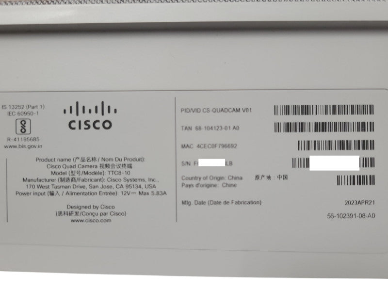 Cisco CS-QUADCAM V01 Quad Camera Webex Conference TTC8-10 Q_