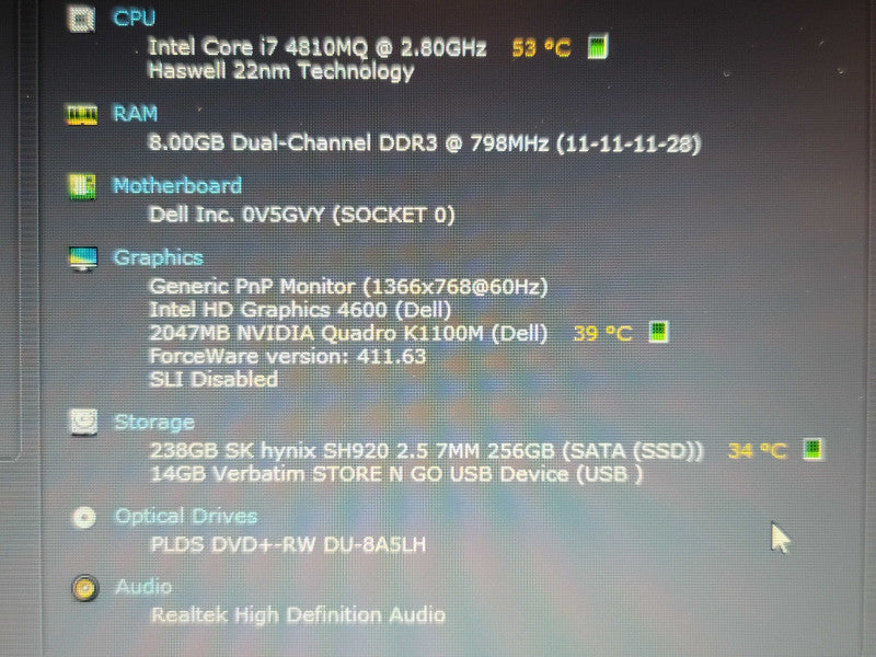 Dell Precision M4800 i7-4810MQ 8GB DDR3 Quadro K1100 256GB SSD READ Qβ Lap200