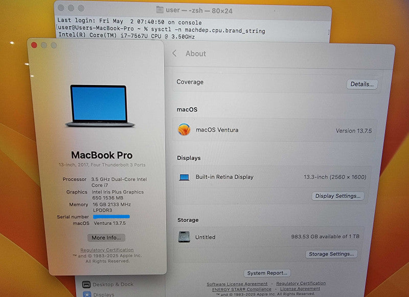 Apple MacBook Pro A1708 13" 2017 | i7-7567U @3.5GHz 16GB RAM 1TB SSD - READ
