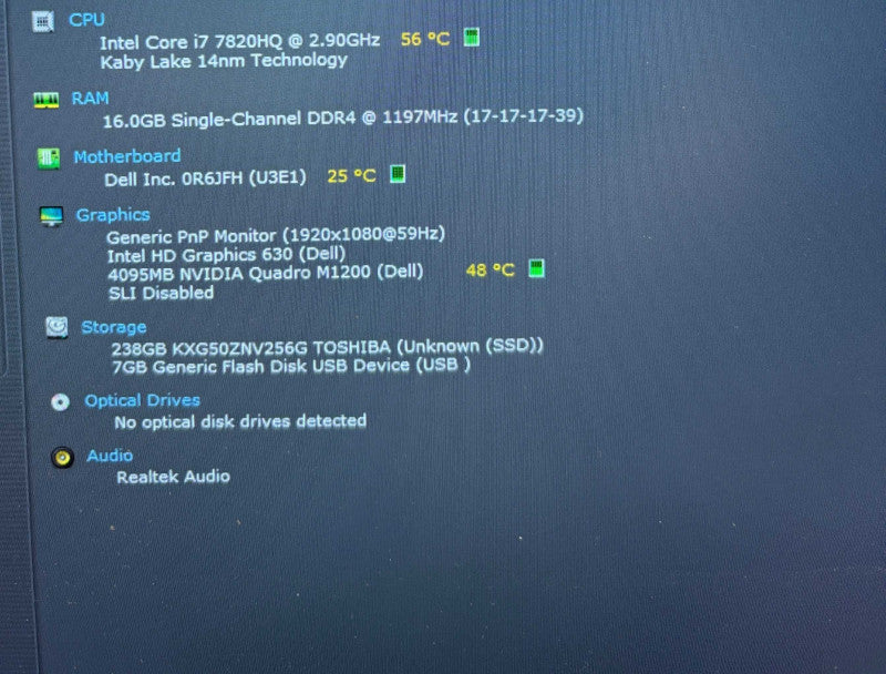 Dell Precision 5520 i7-7820HQ@2.9GHz QUADRO M1200 4GB GPU 16GB RAM 256SSD Q Lap200