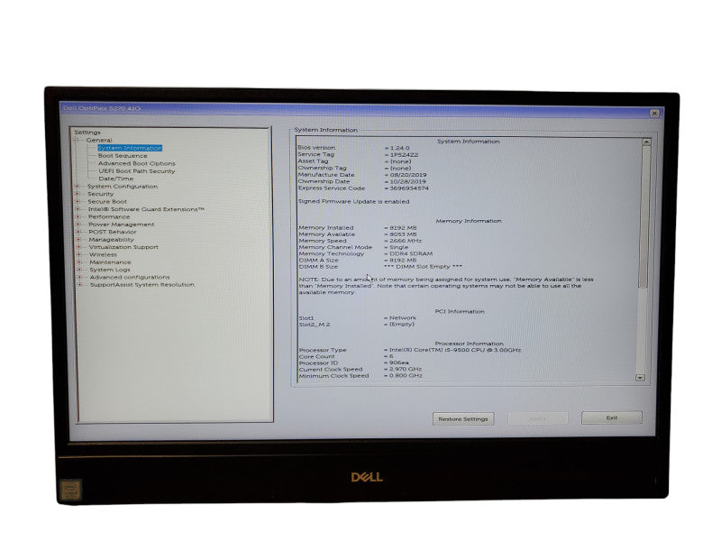 Dell OptiPlex 5270 AIO i5-9500@3.0GHz 8GB RAM NO-HDD/SSD No STAND