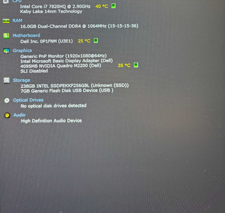 Dell Precision 7520 i7-7820HQ@2.9Ghz QUADRO M2200 4GB GPU 16GB RAM 256SSD  Lap200
