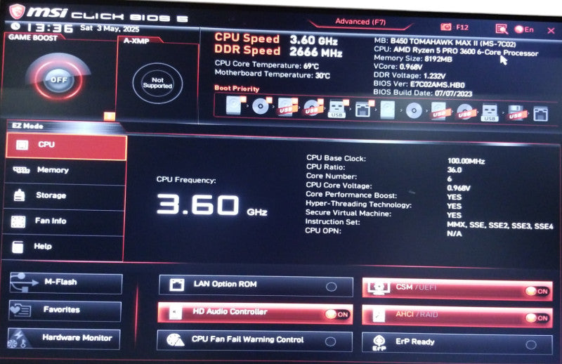 MSI B450 TOMAHAWK MAX II Gaming, with AMD Ryzen 5 Pro 3600 - 8 GB RAM